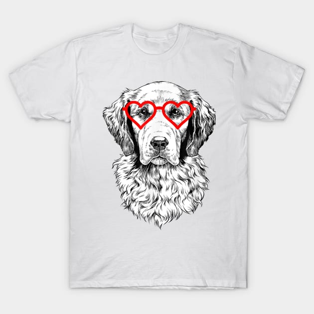 Golden Retriever Dog Wearing Heart Glasses T-Shirt by Rojio